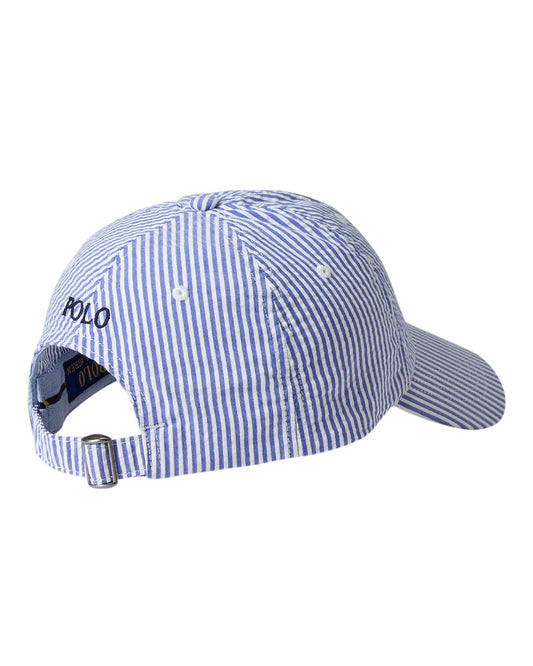 Ralph Lauren blauw-wit gestreepte pet, productfoto achteraanzicht