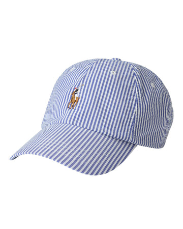 Ralph Lauren blauw-wit gestreepte pet, productfoto vooraanzicht
