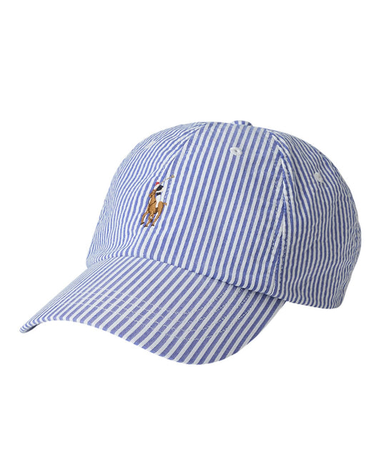Ralph Lauren blauw-wit gestreepte pet, productfoto vooraanzicht