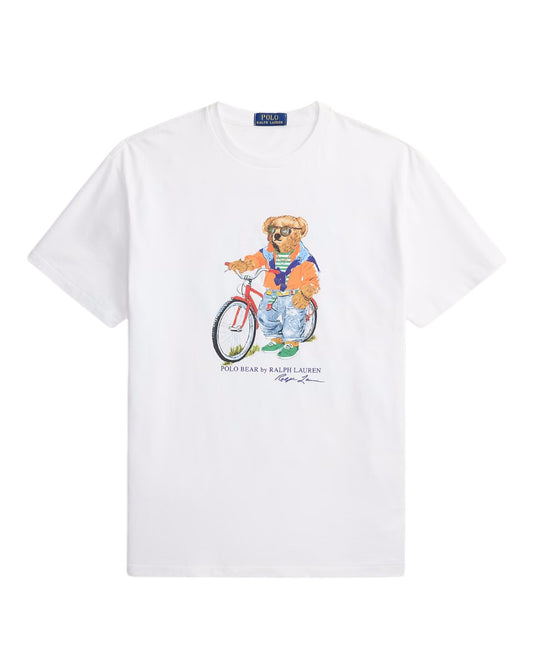 Ralph Lauren wit T-shirt met Polo Bear en fietsprint, productfoto vooraanzicht