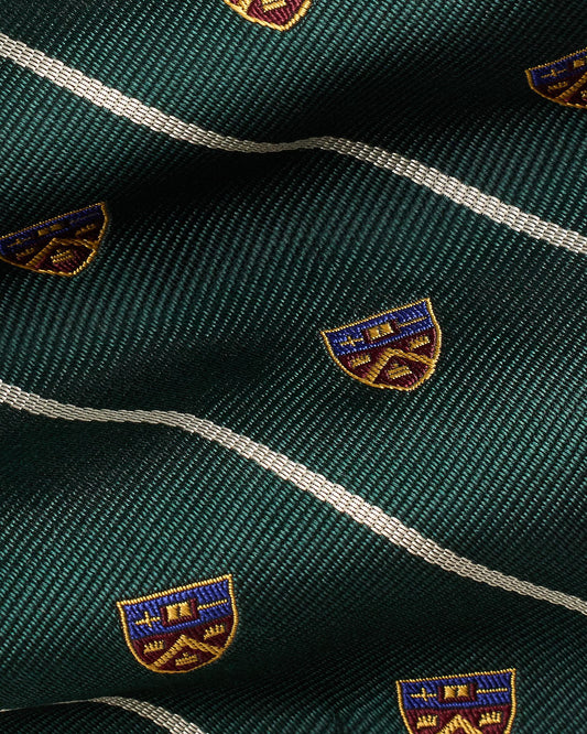 Ralph Lauren donkergroene das met strepen en emblemen, detail streep en embleem