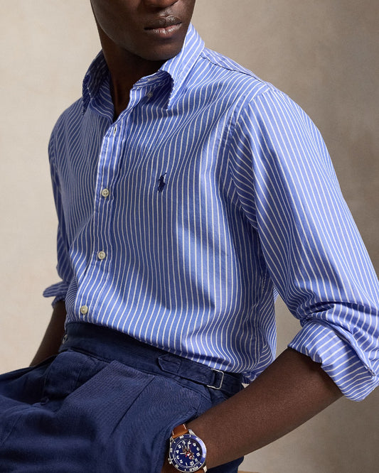Ralph Lauren blauw-wit gestreept hemd, gedragen detail vooraanzicht