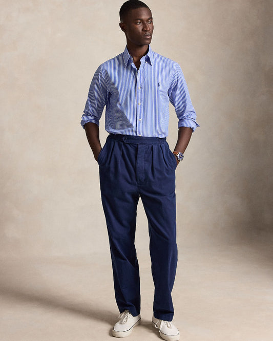 Ralph Lauren blauw-wit gestreept hemd, gedragen volledig vooraanzicht
