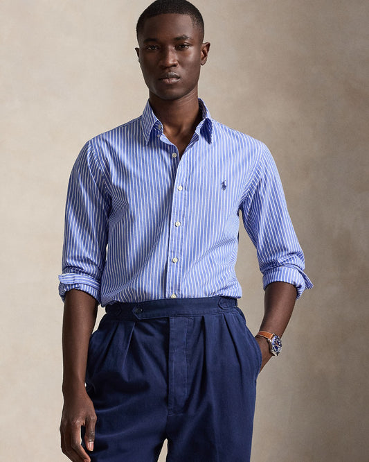 Ralph Lauren blauw-wit gestreept hemd, gedragen vooraanzicht