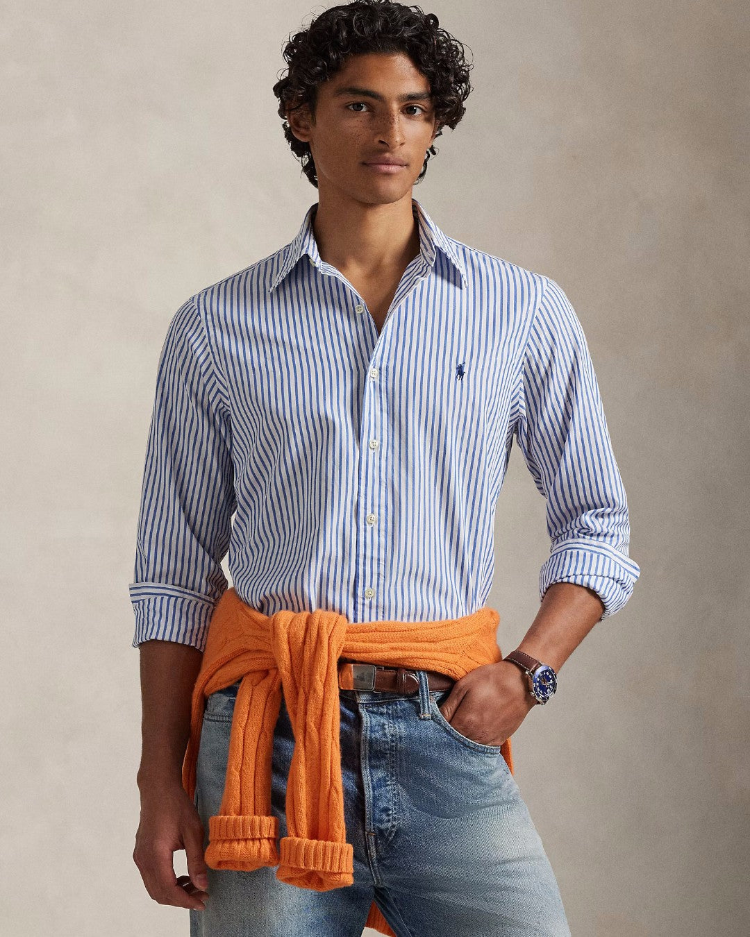 Ralph Lauren blauw-wit gestreept hemd, gedragen vooraanzicht