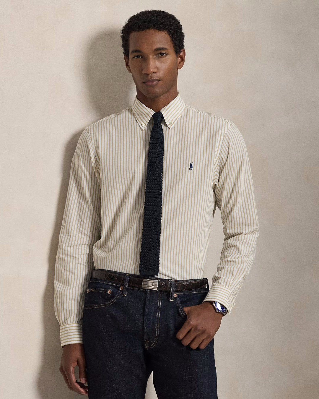 Ralph Lauren wit-beige gestreept hemd, gedragen vooraanzicht