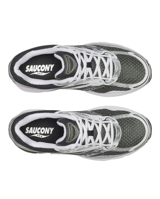Detail van Saucony ProGrid Omni 9 Fatigue in olijfgroen en wit