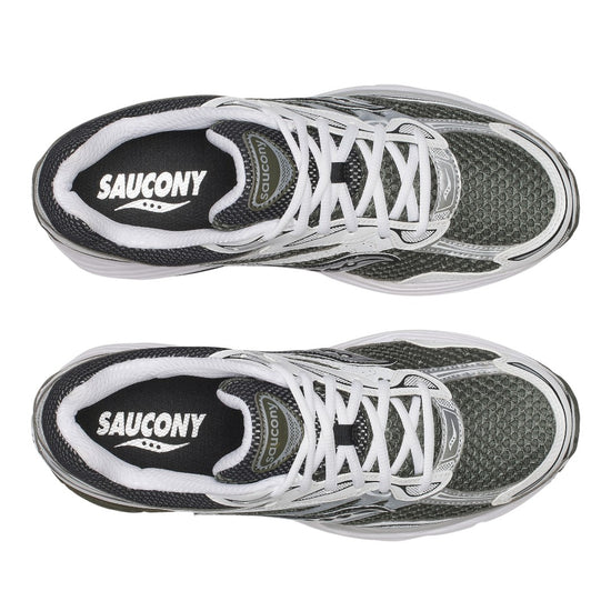 Detail van Saucony ProGrid Omni 9 Fatigue in olijfgroen en wit