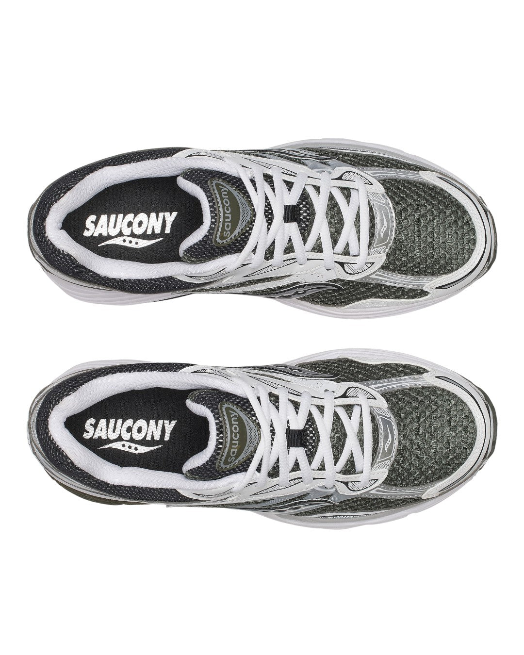 Detail van Saucony ProGrid Omni 9 Fatigue in olijfgroen en wit