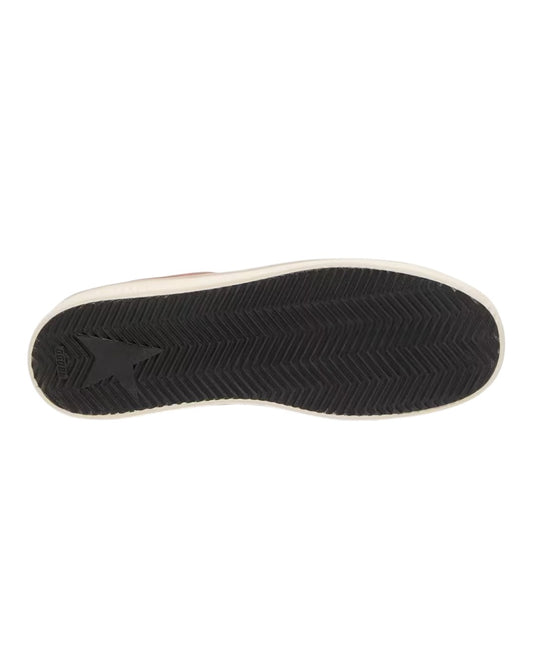 Detail van Golden Goose Stardan herensneaker in wit en baksteenrood leer met olijfgroene metallic ster – Checkpoint Mol