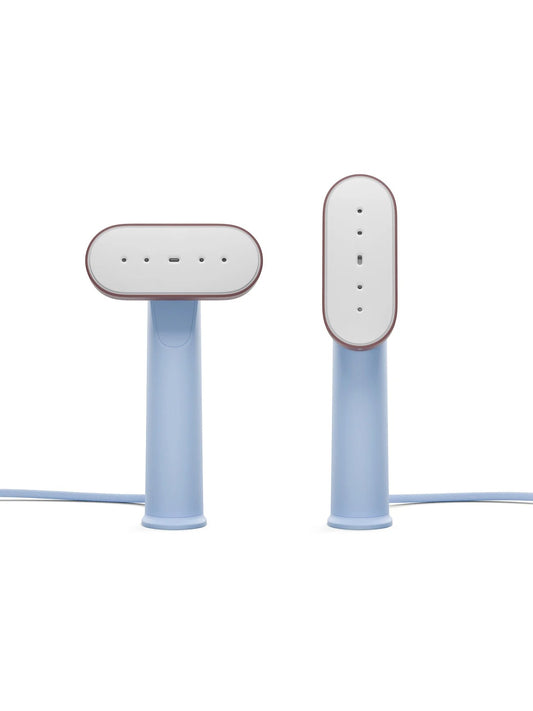 Steamery Cirrus Lite Travel Steamer blauwe reisstomer met de stoomplaat in twee standen