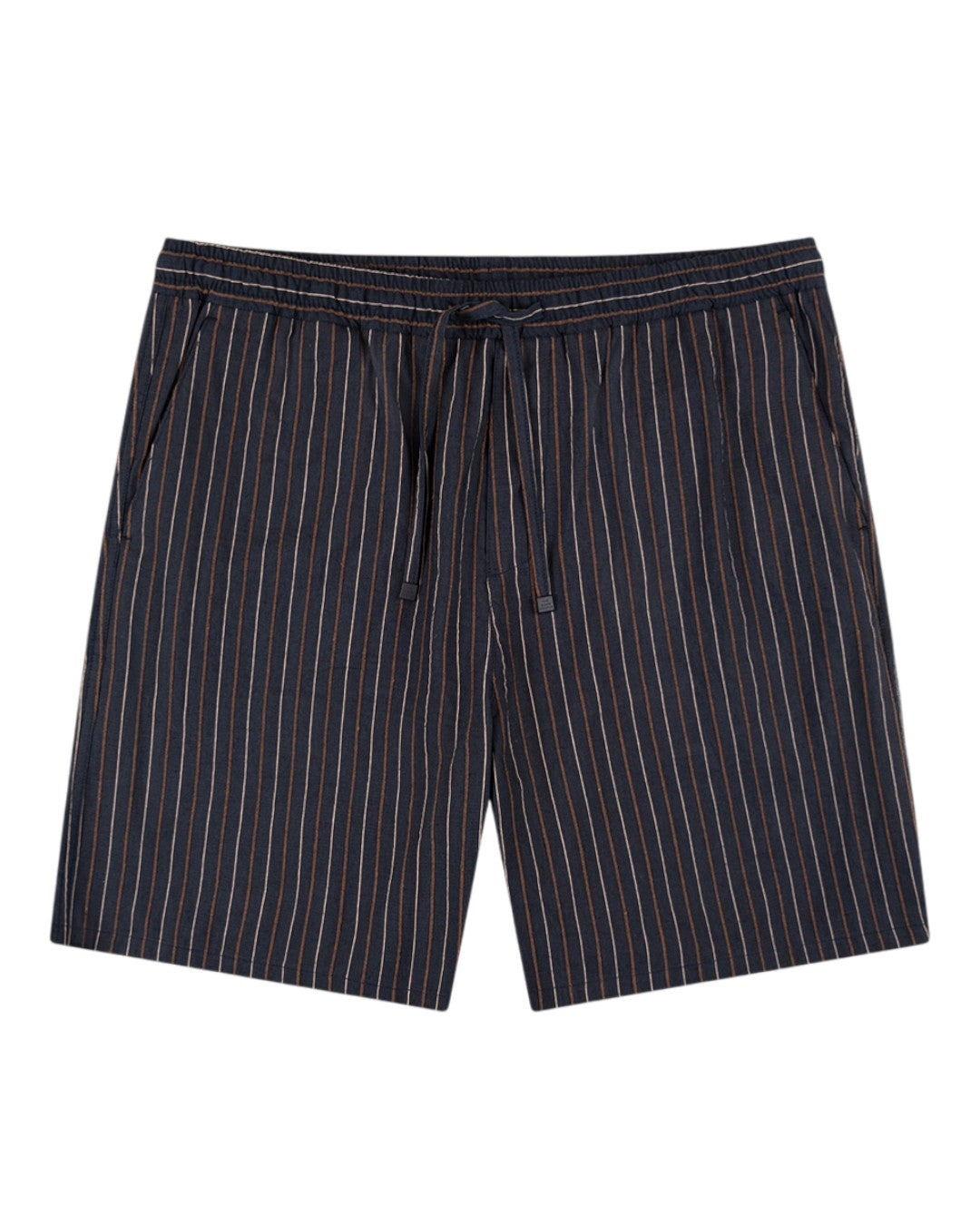The GoodPeople Henry donkerblauwe gestreepte short, van voren
