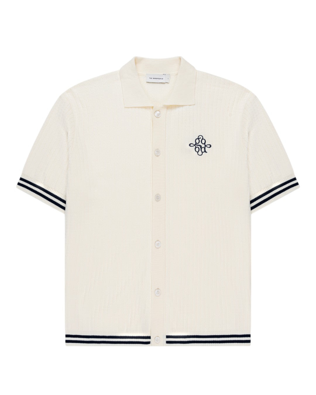 The GoodPeople Pshirt offwhite gebreid hemd met donkere bies, van voren