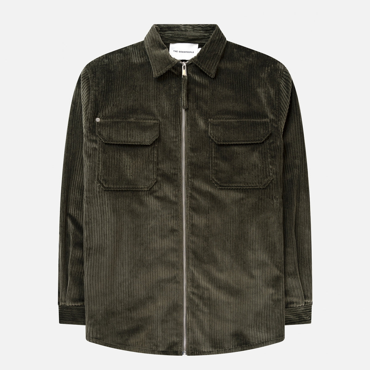 The GoodPeople Sap donkergroen ribfluwelen overshirt met rits, van voren