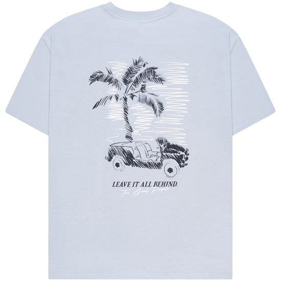 The GoodPeople Tdraw lichtblauw T-shirt, van achteren met palmboom- en autoprint