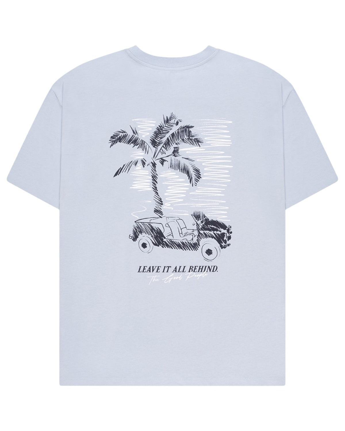 The GoodPeople Tdraw lichtblauw T-shirt, van achteren met palmboom- en autoprint