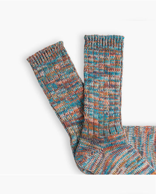 Thunders Love Forest Blue River sokken, detail van de boorden en het blauw-oranje breisel