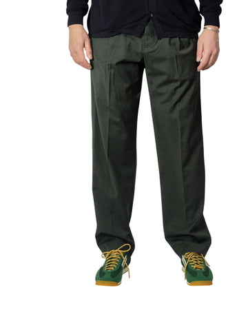Dark Green Wool Adjustable Waistband Trousers Loose Fit