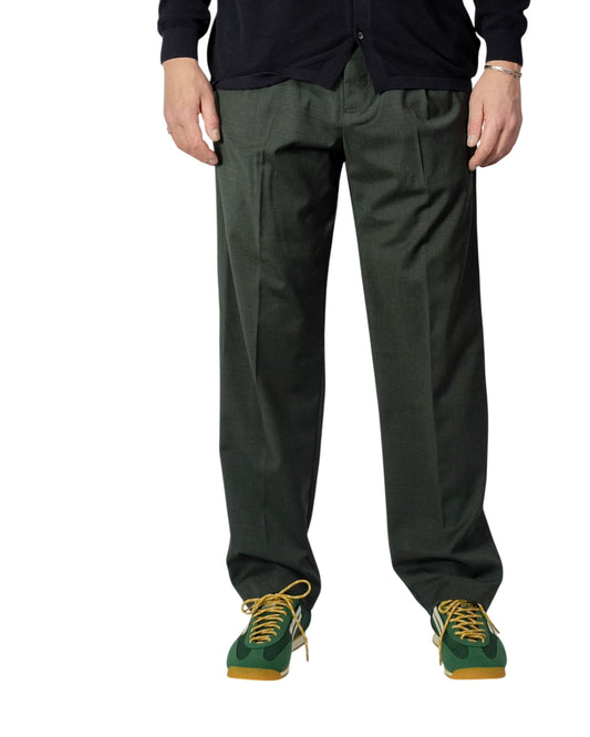 Dark Green Wool Adjustable Waistband Trousers Loose Fit