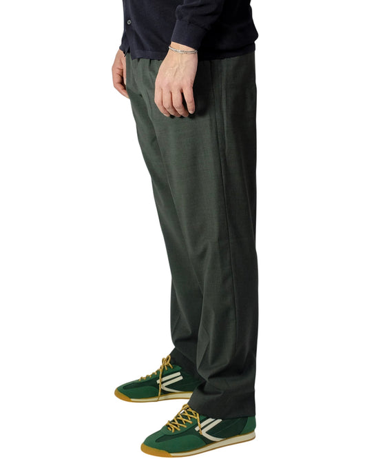 Dark Green Wool Adjustable Waistband Trousers Loose Fit