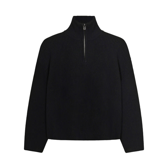 Woodbird Black WBLee Wool Blend Ribbed Knit Half Zip Pullover – vooraanzicht