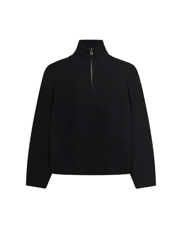 Woodbird Black WBLee Wool Blend Ribbed Knit Half Zip Pullover – vooraanzicht