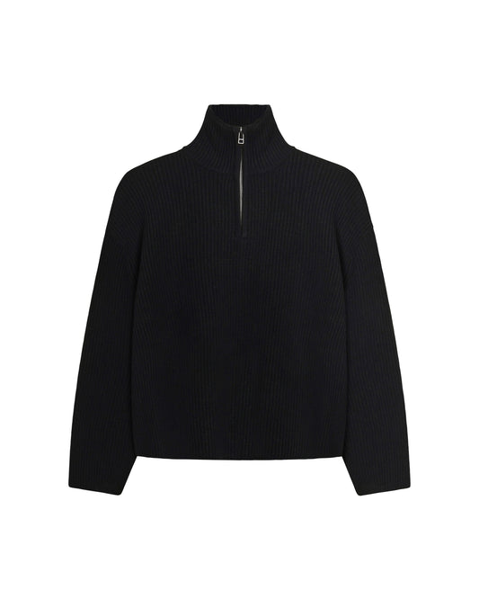 Woodbird Black WBLee Wool Blend Ribbed Knit Half Zip Pullover – vooraanzicht