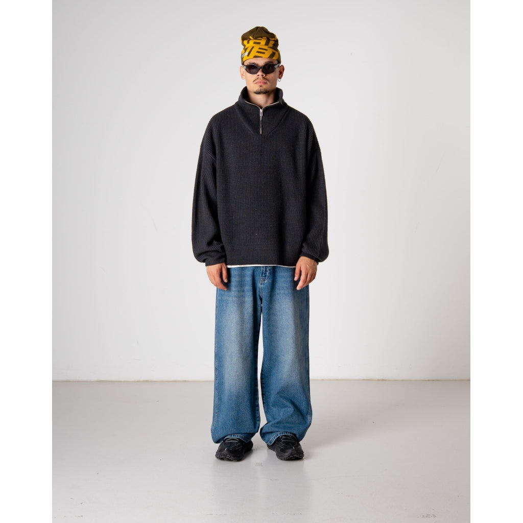 Woodbird Black WBLee Wool Blend Ribbed Knit Half Zip Pullover – productbeeld 2