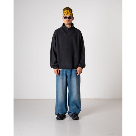 Woodbird Black WBLee Wool Blend Ribbed Knit Half Zip Pullover – productbeeld 2