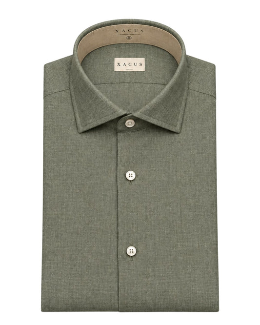 Xacus 748ML Tailor Fit hemd in kakigroene flanel met fijne mêlee, vooraanzicht