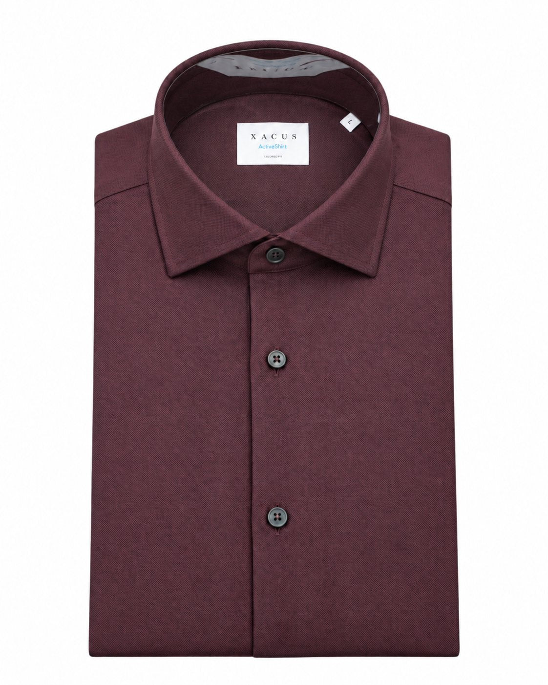 Xacus Active Shirt Tailor Fit Bordeaux met fijne donkerblauwe bolletjes, opgevouwen vooraanzicht