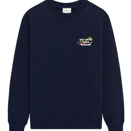 Voorkant van de Drôle de Monsieur Navy sweatshirt met Vine Slogan borduring