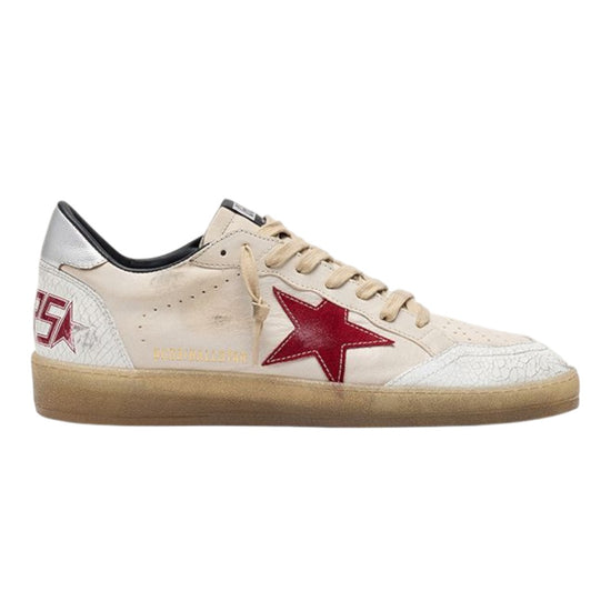 Golden Goose Ball Star herensneaker in boterbeige nappaleer met craquelé suède ster en rode hieltab