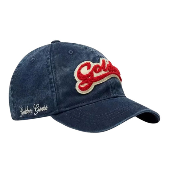 Golden Goose baseball cap in gewassen blauw katoen met rood-witte Golden patch