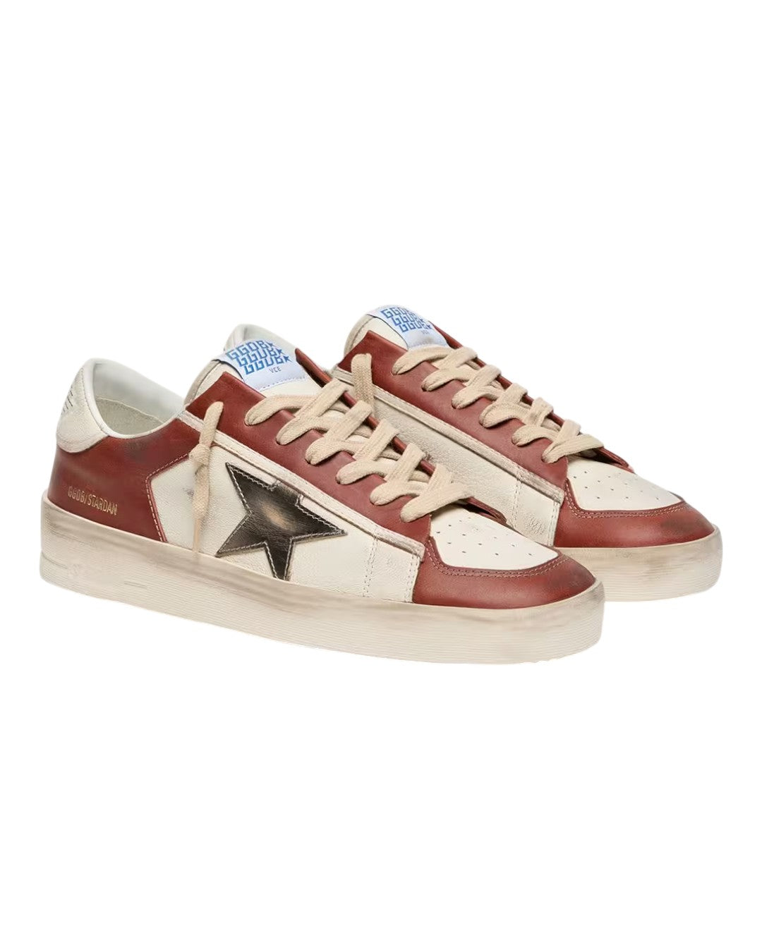 Golden Goose Stardan in wit en baksteenrood leer met olijfgroene metallic ster