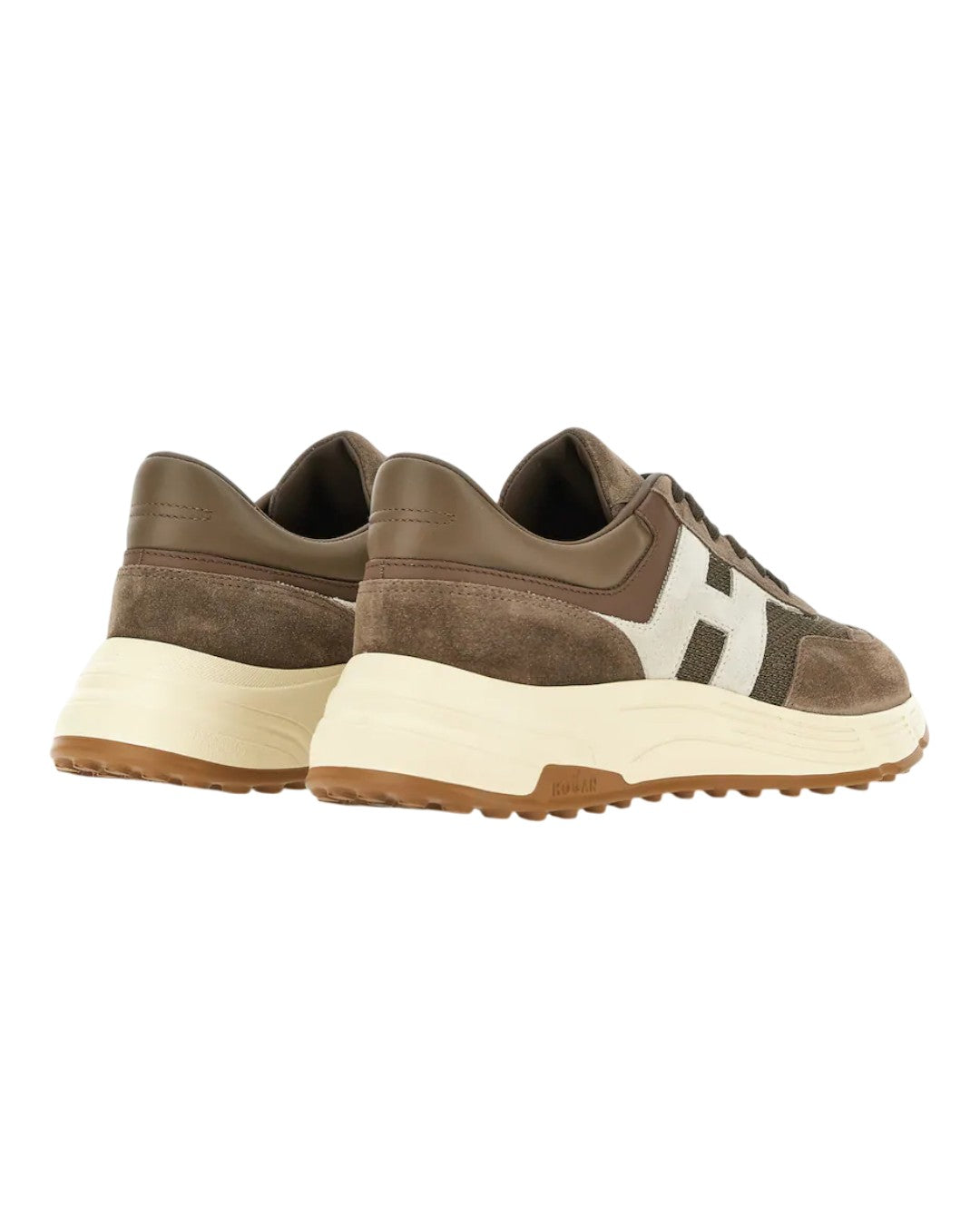 Detail van het Hogan H-logo op de Hyperlight sneaker in Brown Beige Mesh