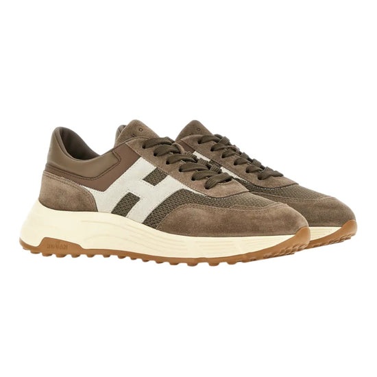 Zijaanzicht van de Hogan Hyperlight sneaker in Brown Beige Mesh