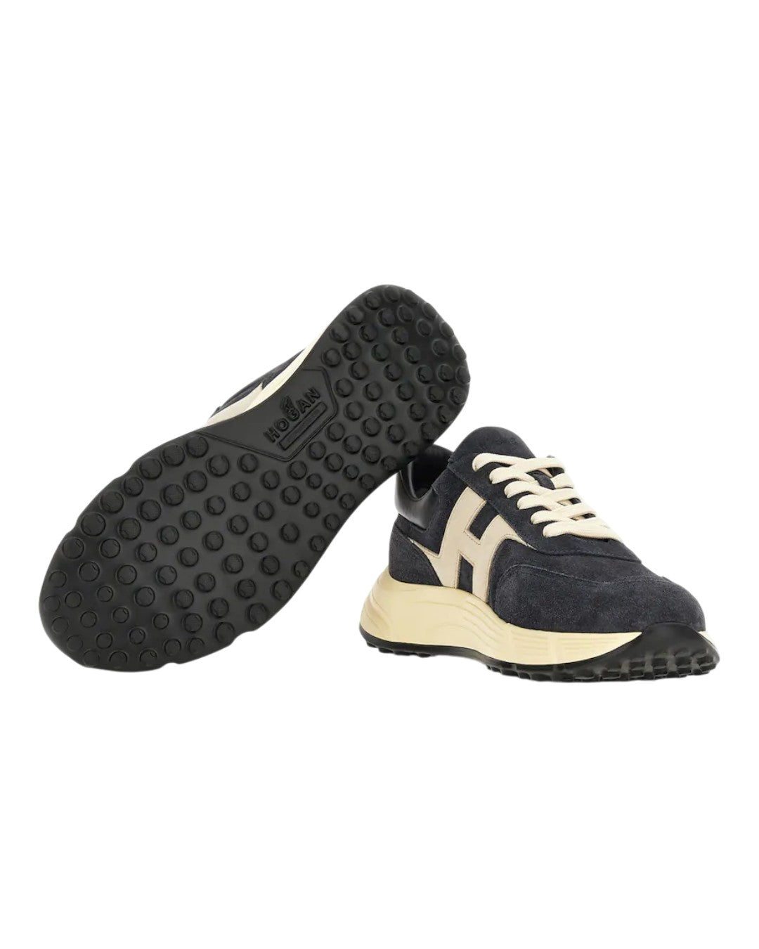 Detail van het nubuck en de lederen accenten op de Hogan Hyperlight H563 sneaker in Blue
