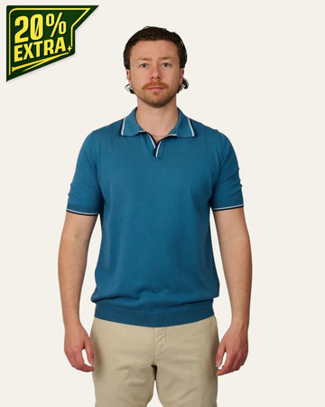 Dusty Blue Knitted Cotton Collar Striped Skipper Polo