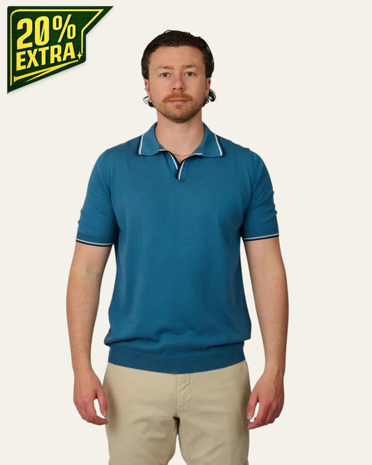 Dusty Blue Knitted Cotton Collar Striped Skipper Polo