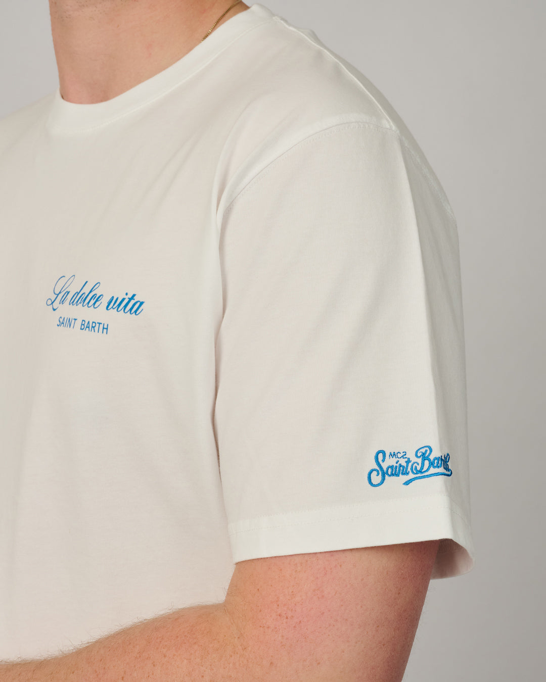 Detail van katoenen MC2 Saint Barth Portland T-shirt met print