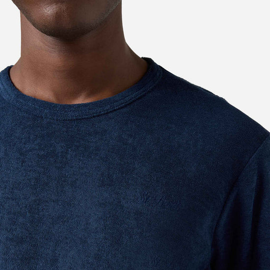 deatil van MC2 Saint Barth Gary Navy terry effect T-shirt met logo borduring