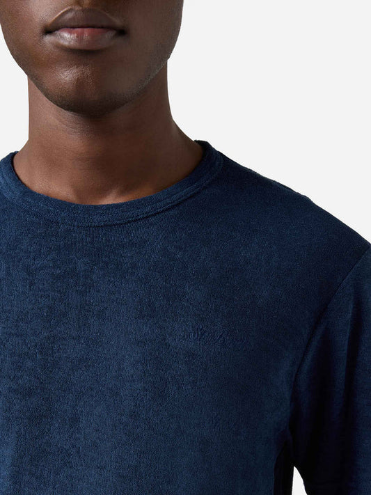 deatil van MC2 Saint Barth Gary Navy terry effect T-shirt met logo borduring