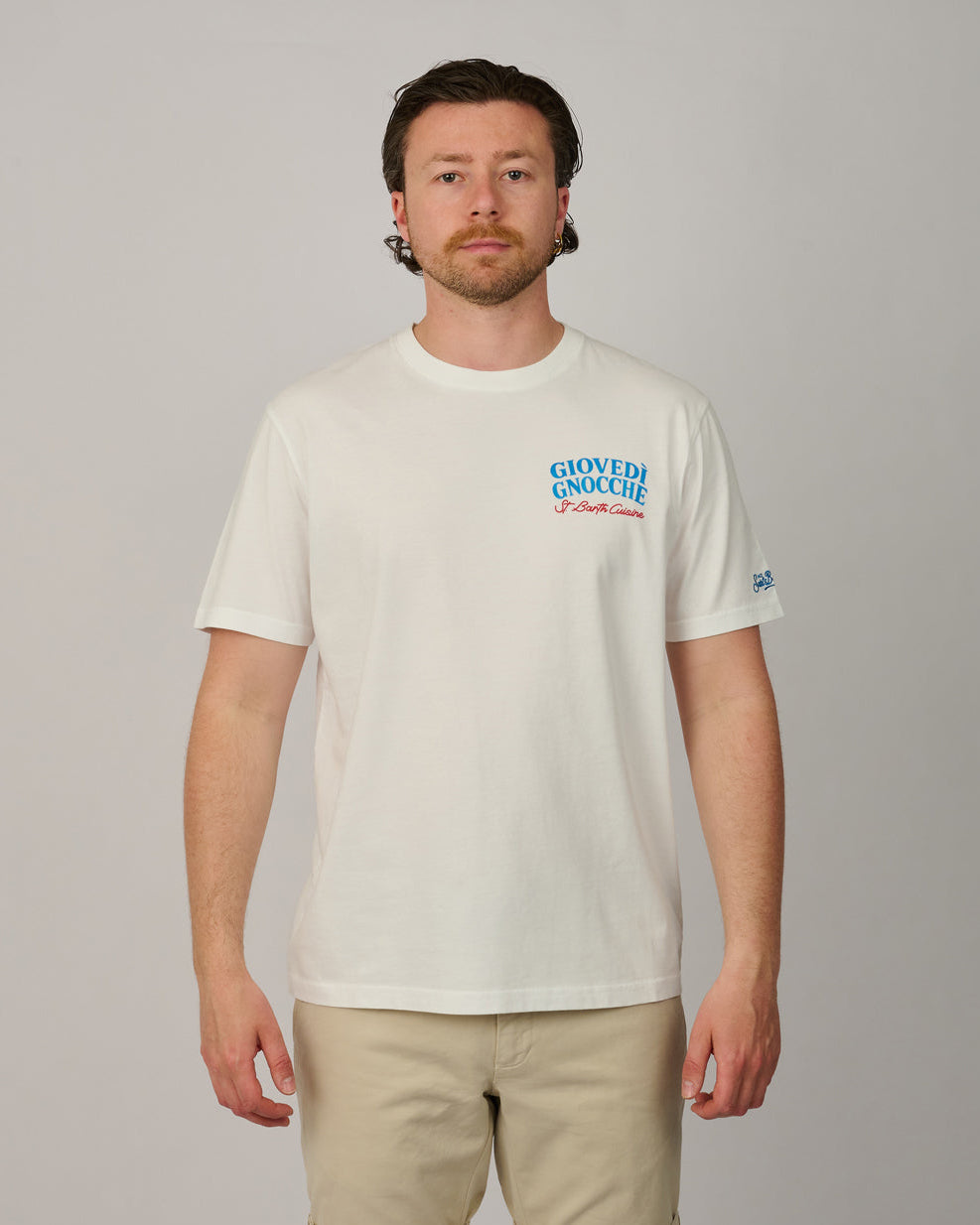 voorkant van MC2 Saint Barth Giovedì Gnocche heren T-shirt met grappige Italiaanse backprint bij Checkpoint Mol