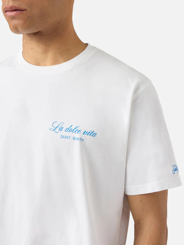 de voorkant van MC2 Saint Barth Portland La Dolce Vita heren T-shirt met rode backprint en ferrari-illustratie bij Checkpoint Mol
