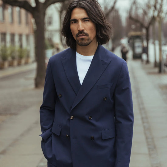 Mos Mosh Gallery Dynamic Luxe set in Navy met double-breasted blazer en broek zonder bandplooi