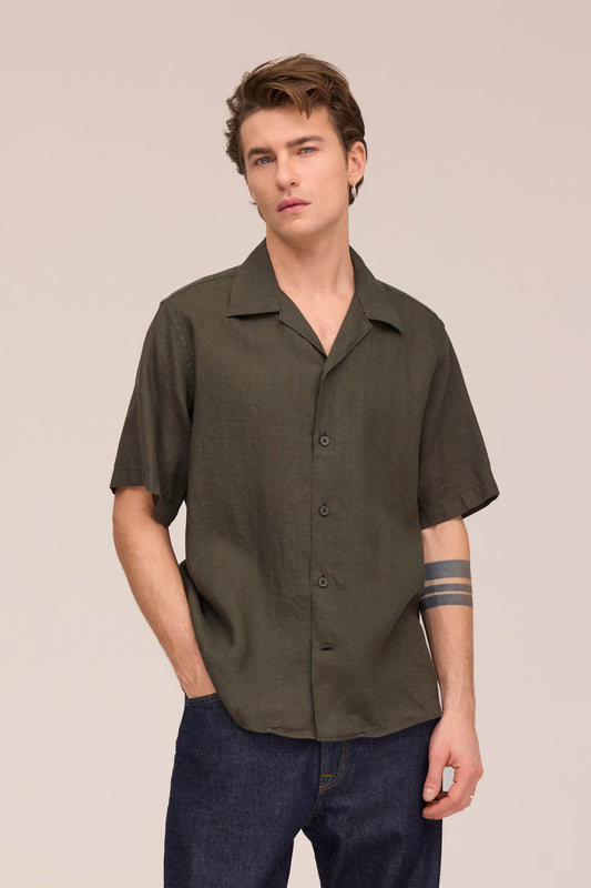 NN.07 Julio 5708 Shirt Linen Open Collar Dark Army