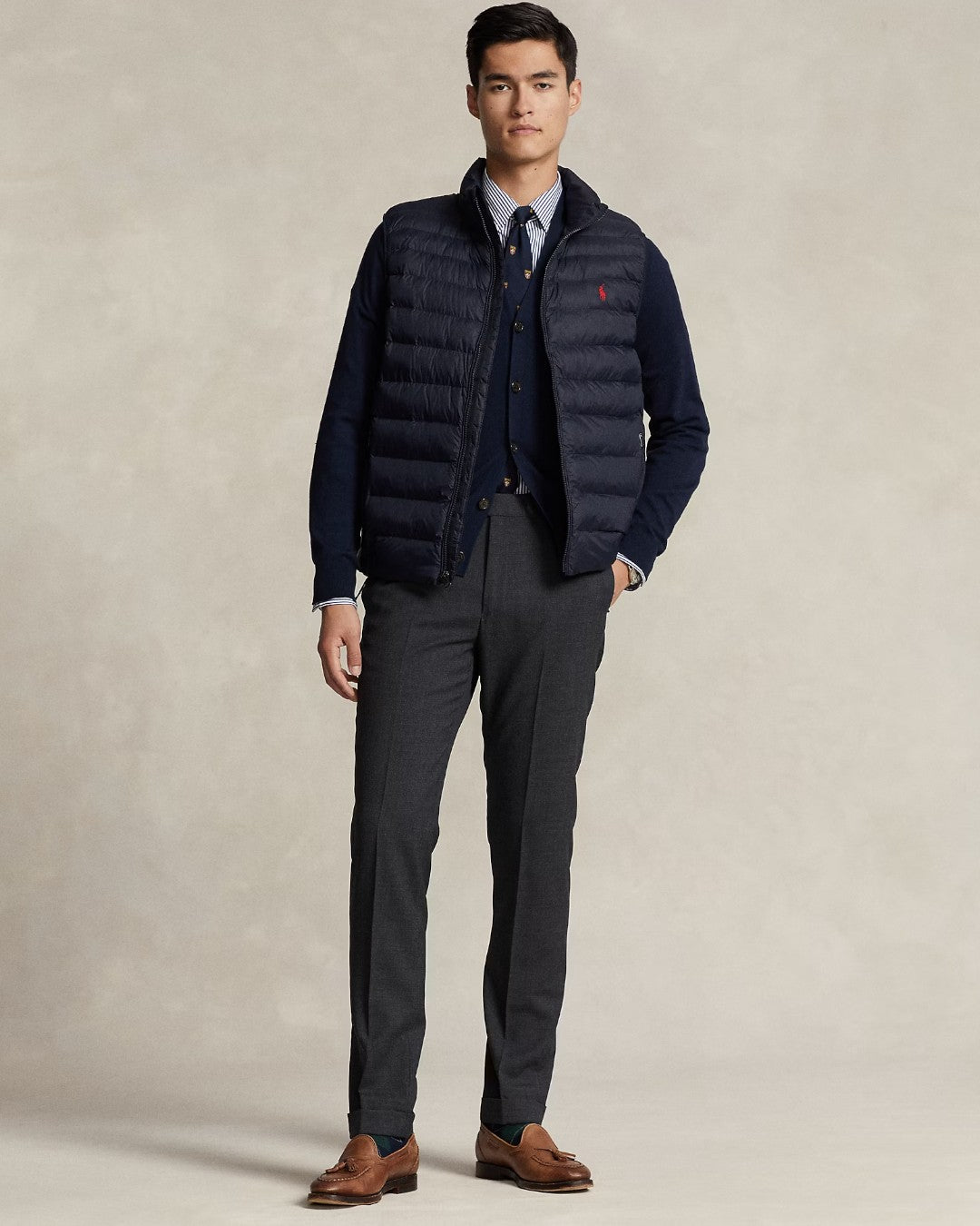 Polo Ralph Lauren Colden Opvouwbare Donsbodywarmer Navy – volledige combinatie op model | Checkpoint Mol