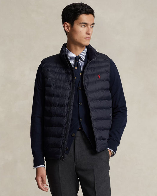 Polo Ralph Lauren Colden Opvouwbare Donsbodywarmer Navy – vooraanzicht op model | Checkpoint Mol