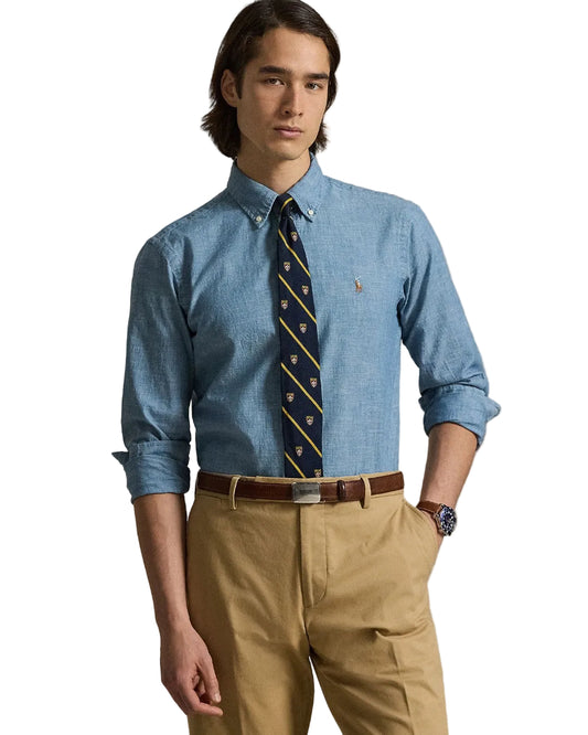 Polo Ralph Lauren Custom Fit Chambray Hemd Blauw – vooraanzicht op model | Checkpoint Mol